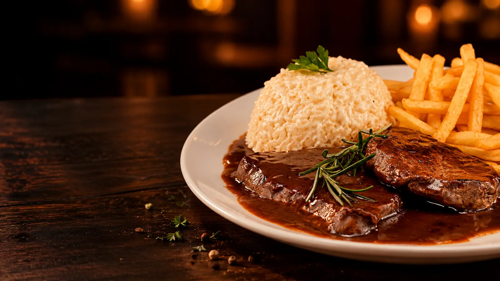 Filé ao molho madeira com arroz e batata do Dom 6